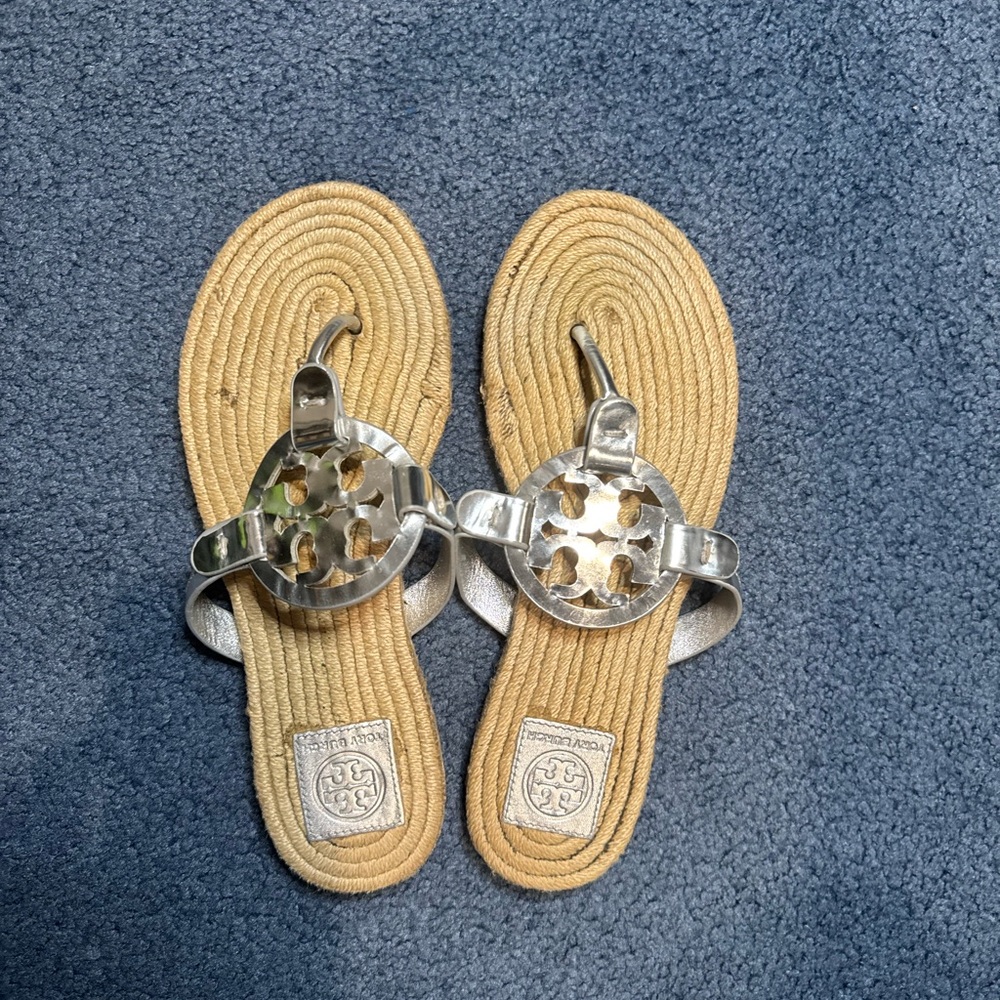 Tory Burch Silver Logo Rope Slide Sandals with Natural Tan Footbed